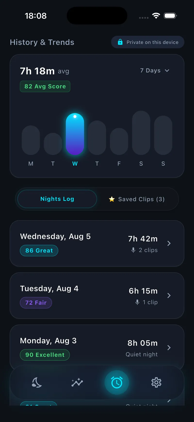 History — 7-day sleep history and saved audio clips