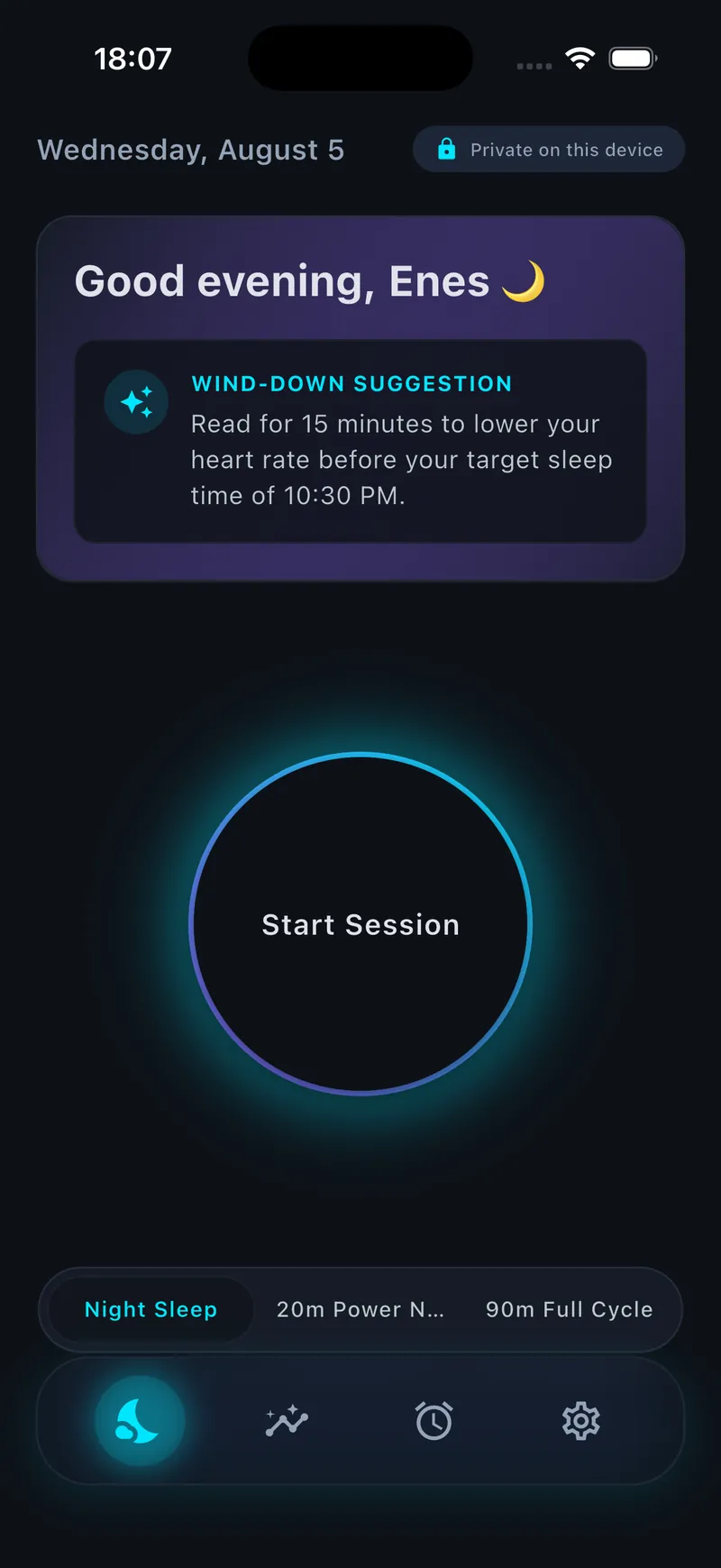 Night Dashboard — 1-tap start with power nap and sleep cycle modes